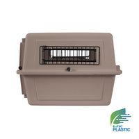 The beige Petmate Ultra Vari Kennel, made of EcoTEC™ Plastic, includes a black metal grate in front for ventilation, a top handle, and meets airline travel requirements—ideal for traveling with small animals.