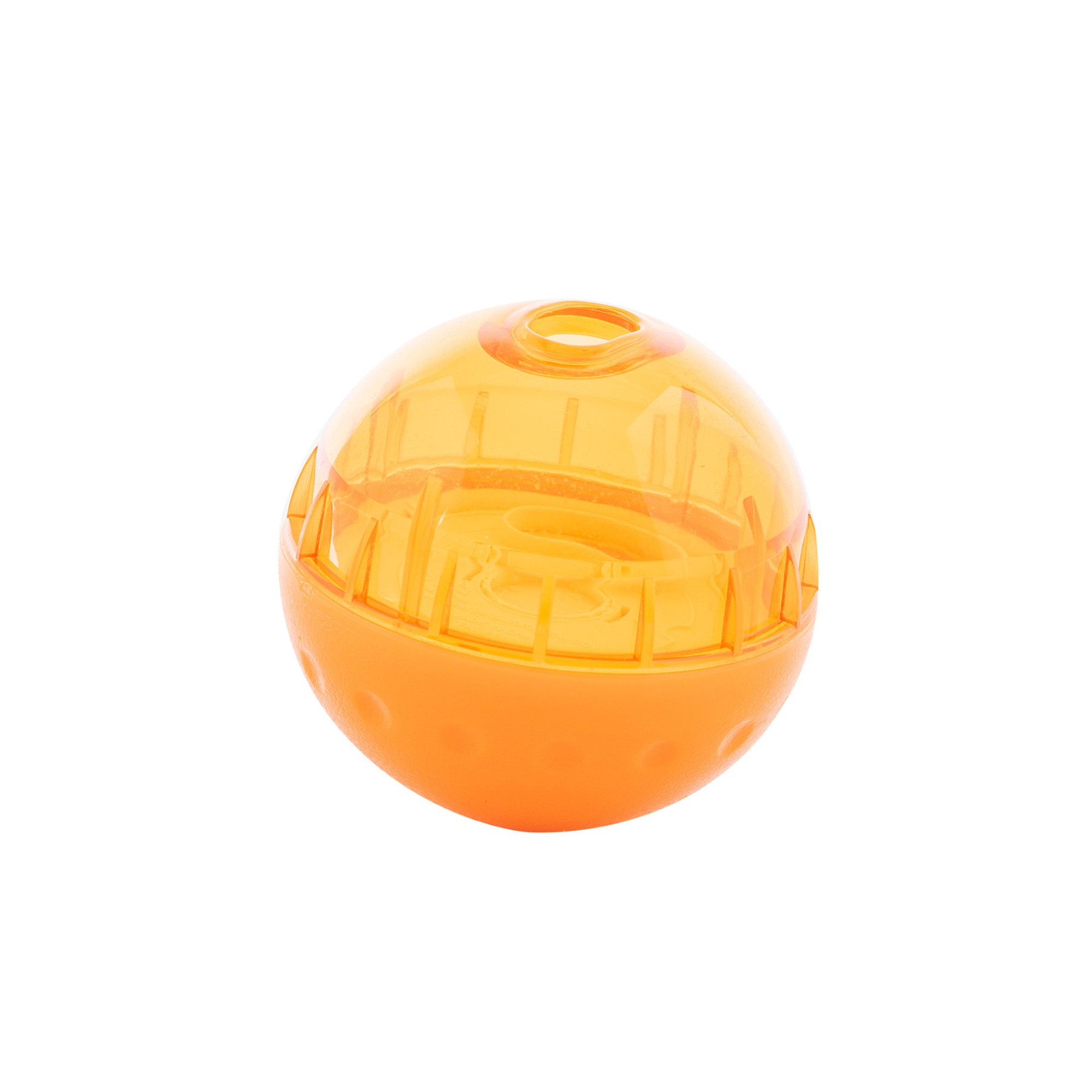 The OurPets 3 IQ Treat Ball by Our Pets is an orange, semi-transparent spherical dog toy with textured surfaces and a top opening. It offers adjustable difficulty levels to keep pets engaged and entertained.