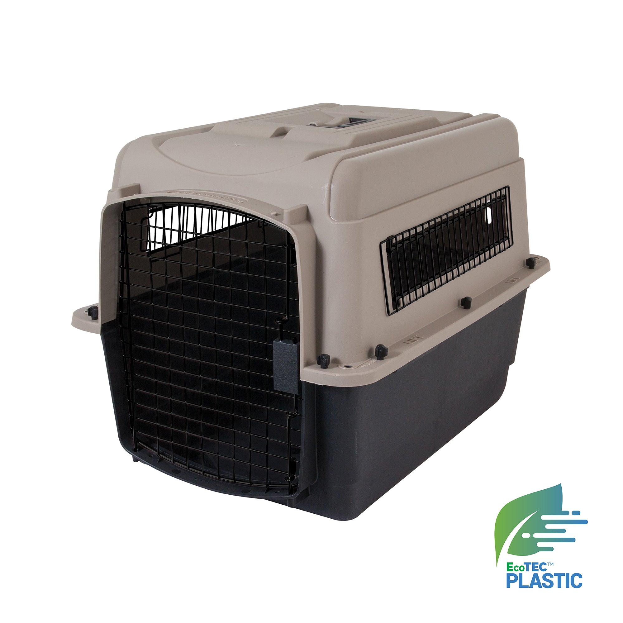 The Petmate Ultra Vari Kennel by Petmate, in beige and black, features a metal door and side ventilation holes. Its perfect for airline travel, showcasing the EcoTEC™ PLASTIC logo with a green and blue leaf design.