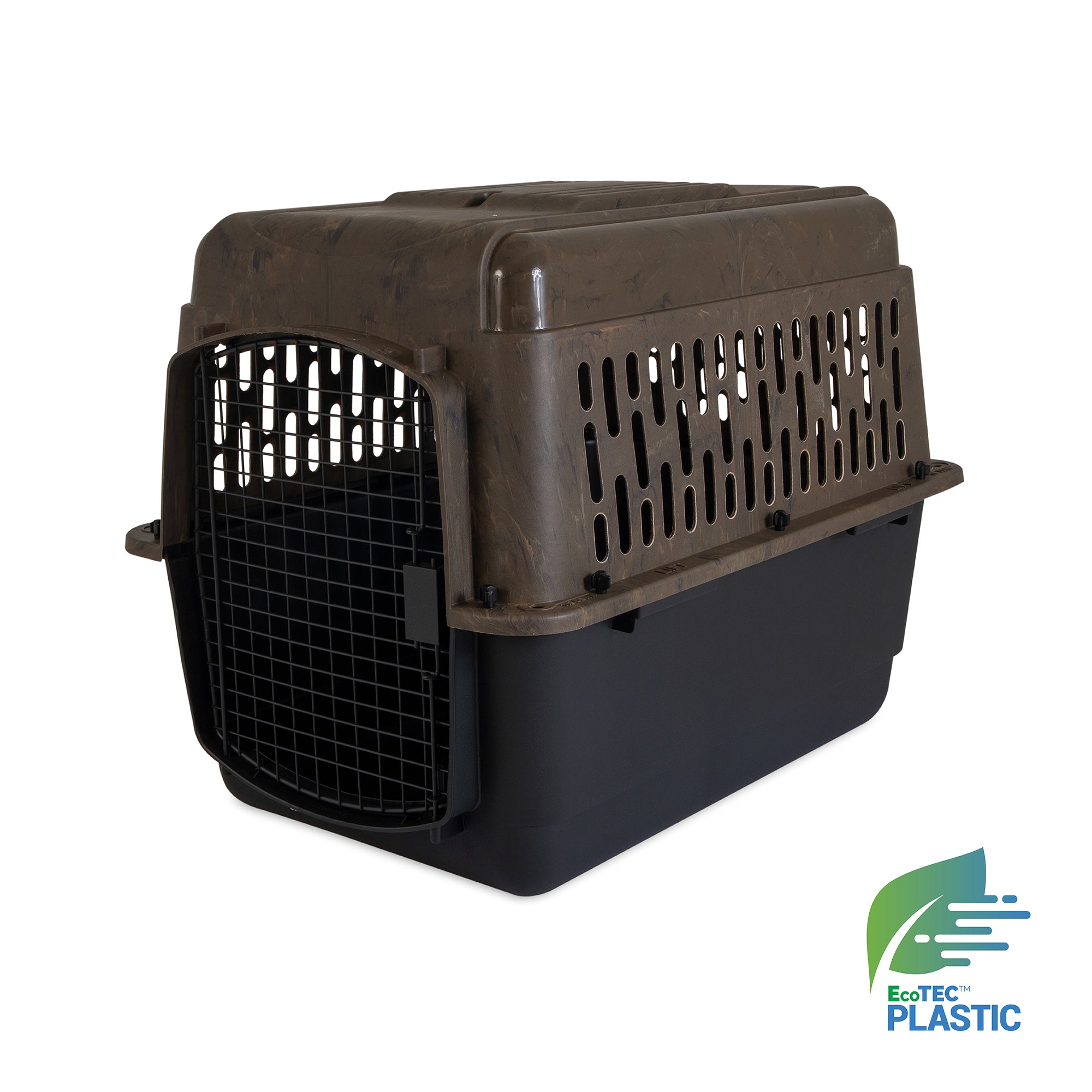 The Ruffmaxx Camo Kennel by Ruff Maxx is a spacious pet carrier with a camo-patterned top, black bottom, and 360-degree ventilation slats. Featuring a sturdy metal front door and crafted from recycled materials, it showcases the EcoTEC Plastic logo in the bottom right corner.