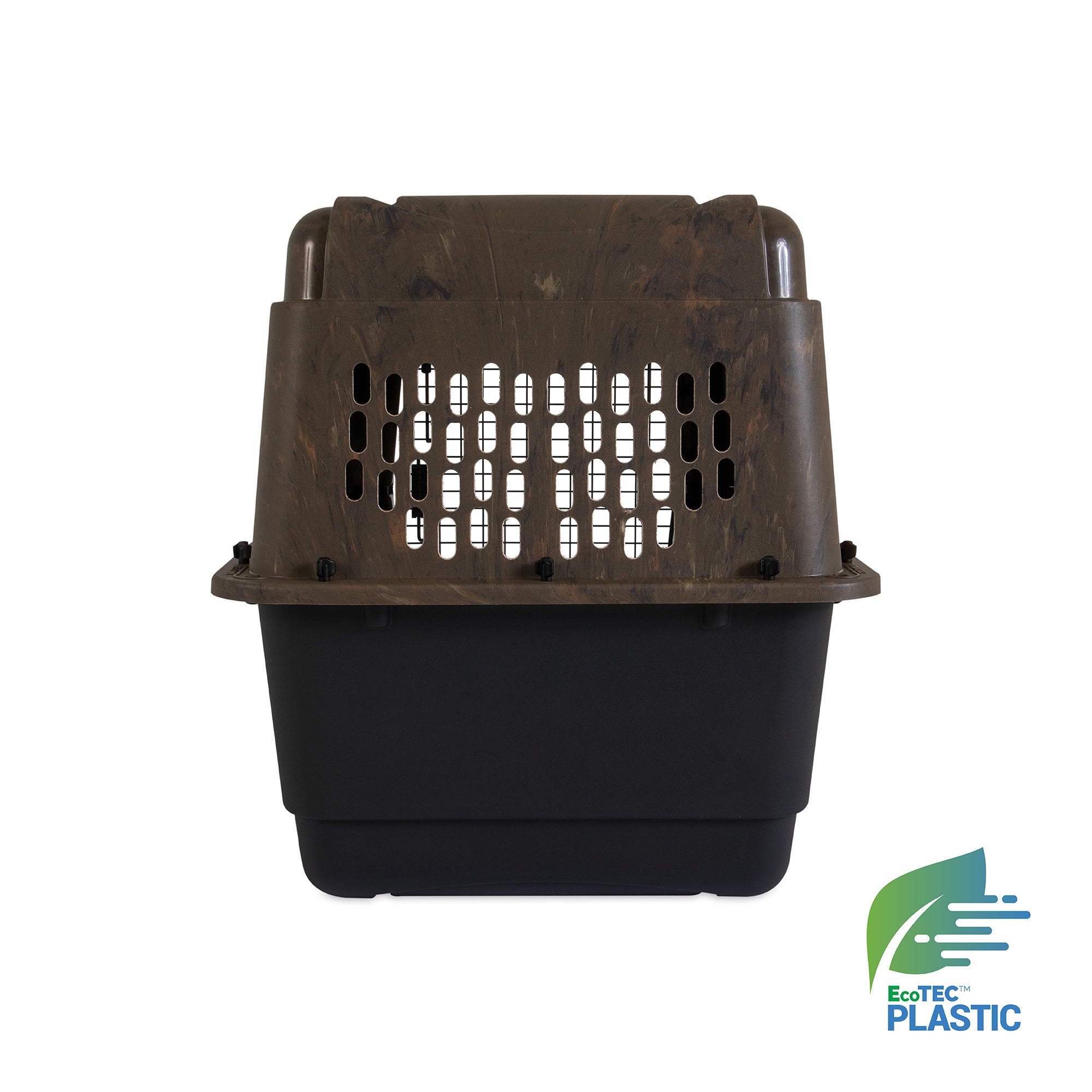 The Ruffmaxx Camo Kennel by Ruff Maxx is a dark brown pet carrier with 360-degree grid-pattern ventilation and a solid black base. It features the green EcoTEC Plastic logo, emphasizing its recycled material use.