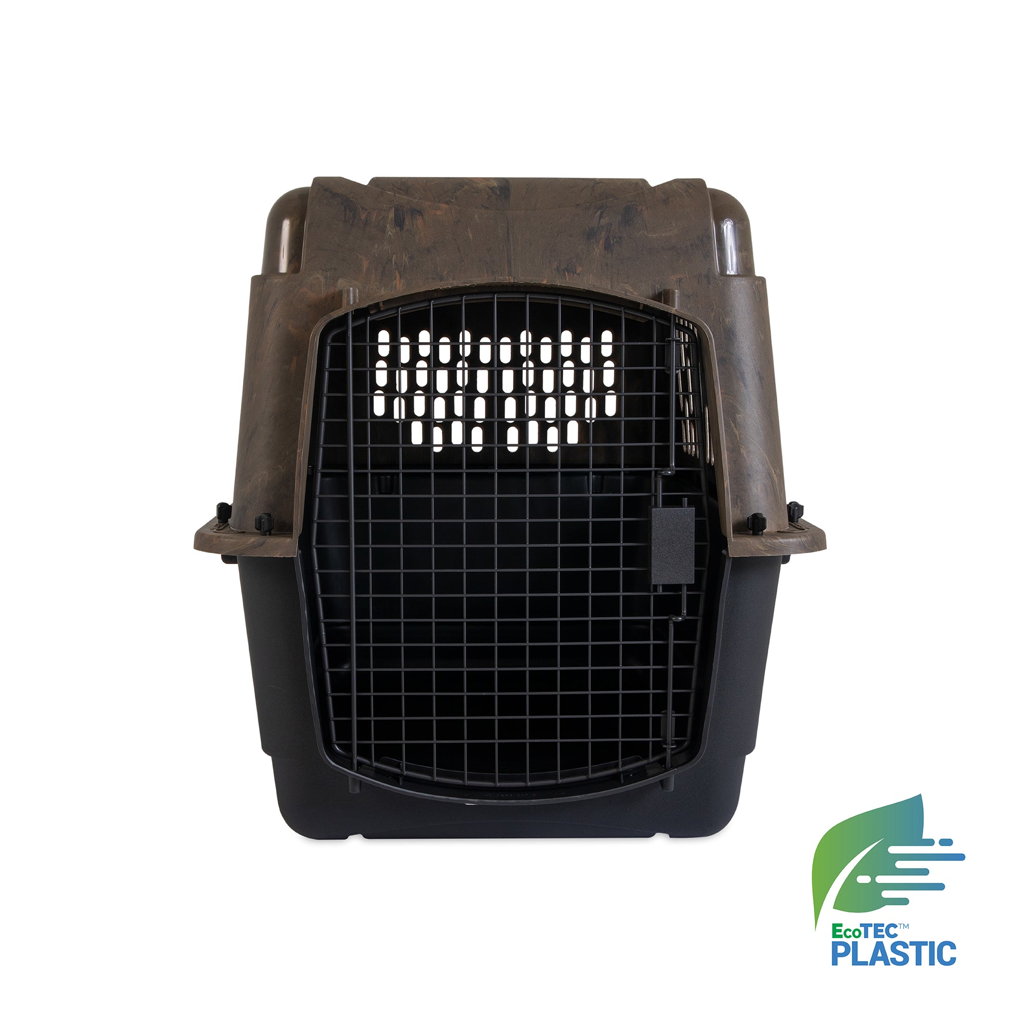 A front view of the Ruff Maxx Camo Kennel in dark brown and black shows off its metal grid door. Made from recycled materials, it provides 360-degree ventilation for comfort. The EcoTEC Plastic logo appears in the lower right corner.