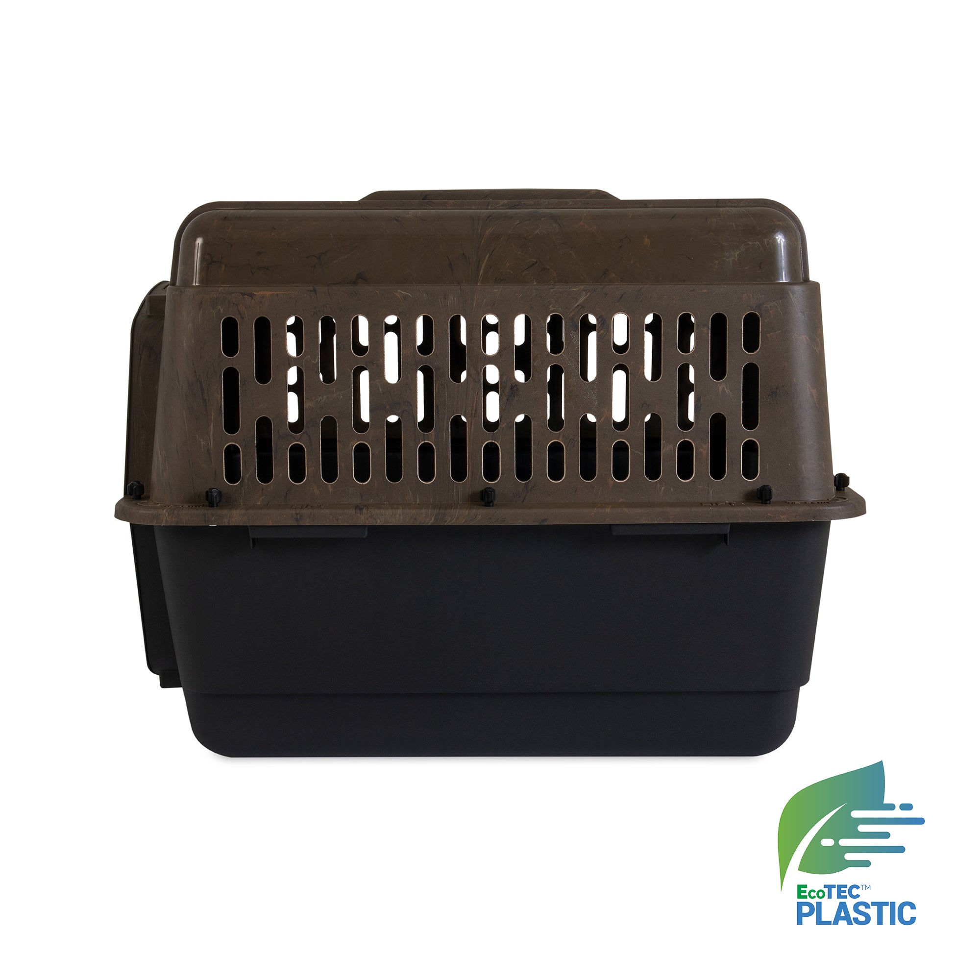 The Ruffmaxx Camo Kennel by Ruff Maxx features a dark base with a brown ventilated top and rectangular slots for 360-degree airflow. The EcoTEC Plastic logo on the bottom right emphasizes its recycled material construction.