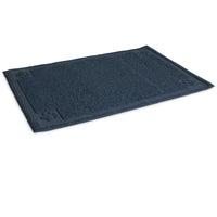 The Petmate Paws Large Litter Catcher Mat by Petmate is a rectangular dark blue feeding mat with a textured surface, subtle border, and embossed cat paw design in the corners, adding charm while effectively preventing litter scatter.