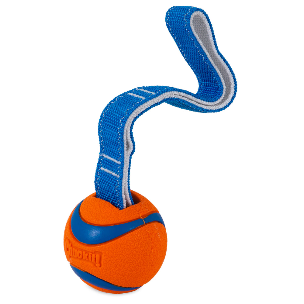 The Chuckit! Ultra Tug Dog Toy features a durable orange and blue rubber ball with grooves and a small logo, attached to a textured blue strap perfect for tug-of-war or fetch games with your pet.