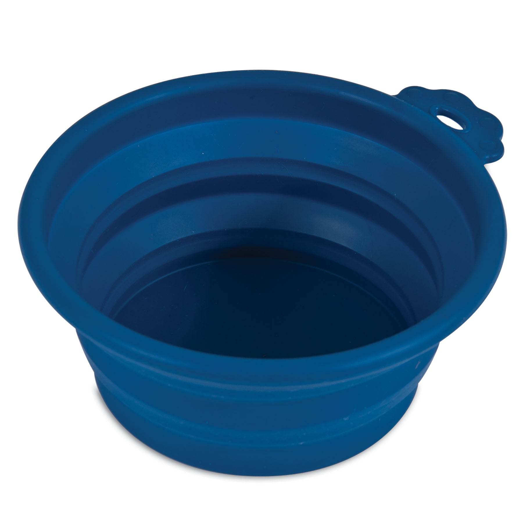 The Petmate Silicone Round Travel Pet Bowl, in blue, features a smooth rim and an extended tab. Its collapsible, dishwasher-safe design ensures easy cleaning and offers compact convenience for travel and storage.