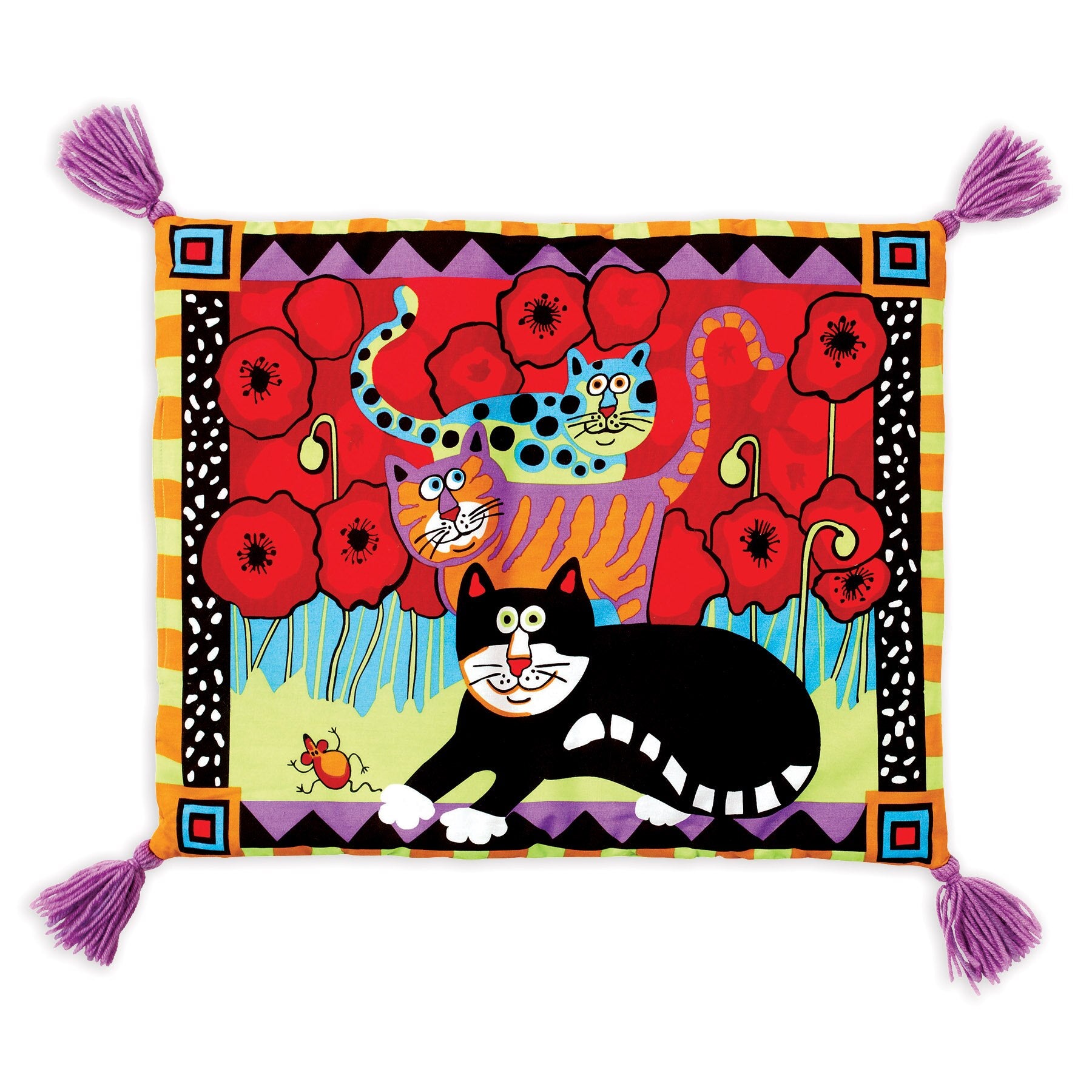 The FAT CAT Boogie Catnip Cat Mat by Fatcat features a colorful illustration of three playful cats in a vibrant field of red flowers, accented with geometric border patterns and purple tassels at each corner, adding a whimsical touch. The mat is also refillable with catnip.