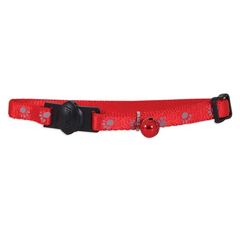 The Aspen Pet Reflective Breakaway Cat Collar, in vibrant red, features a safety quick-release buckle and reflective gray paw prints. It includes a cheerful red bell by the buckle, offering both style and practicality for your cats adventures.