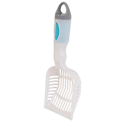 The Arm & Hammer Deluxe 2-In-1 Litter Scoop, by Arm And Hammer, features a white plastic scoop with a gray handle and blue accent. Its slotted design sifts litter efficiently, and integrated baking soda neutralizes odors.