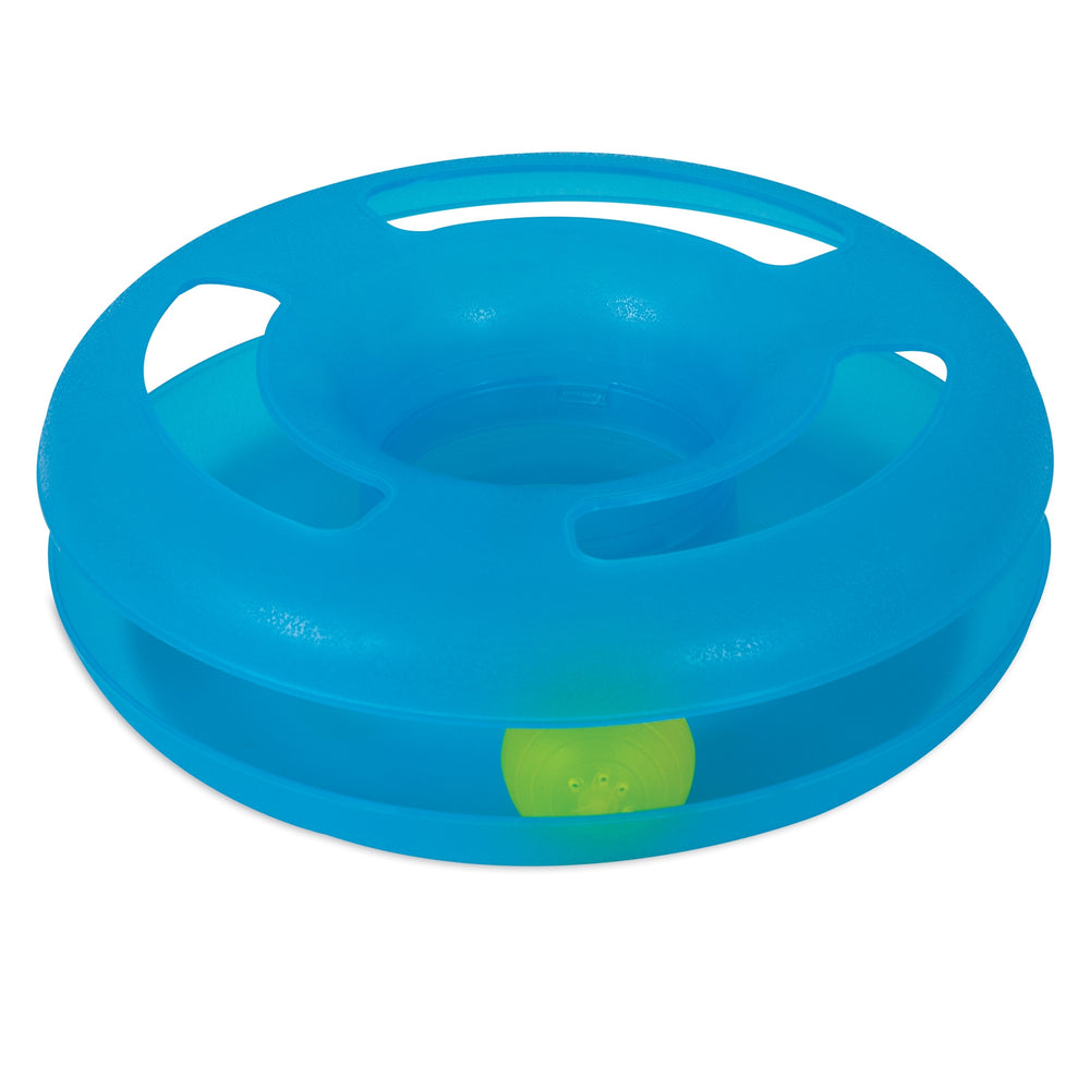 The FAT CAT Crazy Circle Cat Toy by Fatcat is a blue circular toy featuring multiple holes and an enclosed track that holds a yellow catnip ball, perfect for engaging playful exercise for cats.