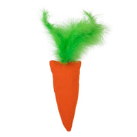 The Mad Cat Kitty Carrot by Mad Cat is a fabric toy with an orange carrot body and bright green feathery leaves, offering silvervine as a delightful catnip alternative for your feline friend.