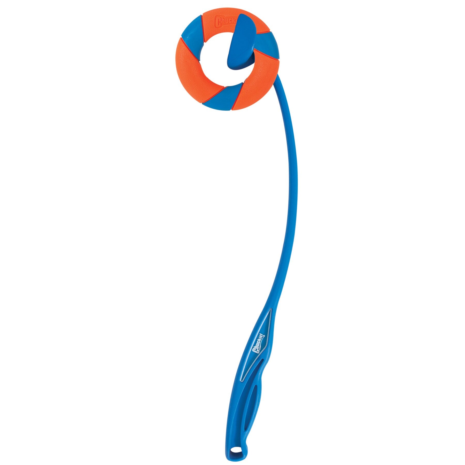 The Chuckit! RingChaser Dog Toy Set by Chuckit is an engaging blue and orange interactive toy with a long curved handle and a circular ball holder, ideal for fetching fun with the UltraRing.