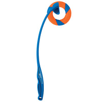 The Chuckit! RingChaser Dog Toy Set by Chuckit includes a blue plastic handle with a comfortable grip and an orange-blue ring, ideal for play. This interactive toy effortlessly launches the UltraRing for endless fun with your pup.