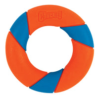 The Chuckit! UltraRing Dog Fetch Toy & Launcher Bundle features a vibrant orange and blue segmented design. This fetch toy, branded with Chuckit on top, ensures endless fun for your furry friend.