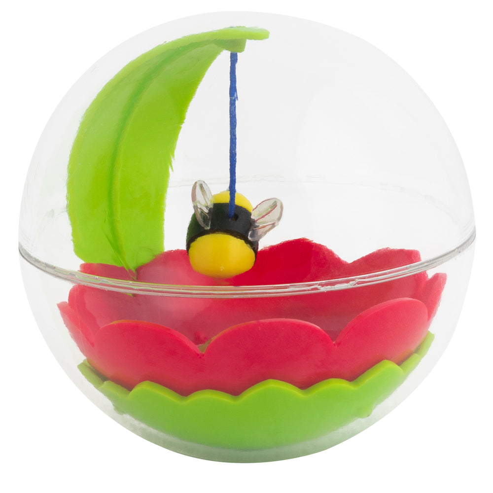 The Mad Cat Buzzy Ball Cat Toy encases a vibrant scene inside a clear plastic sphere, featuring a green leaf, red flower, and black-and-yellow bee with transparent wings. The bee hangs from a blue string above the flower for your cats enjoyment.