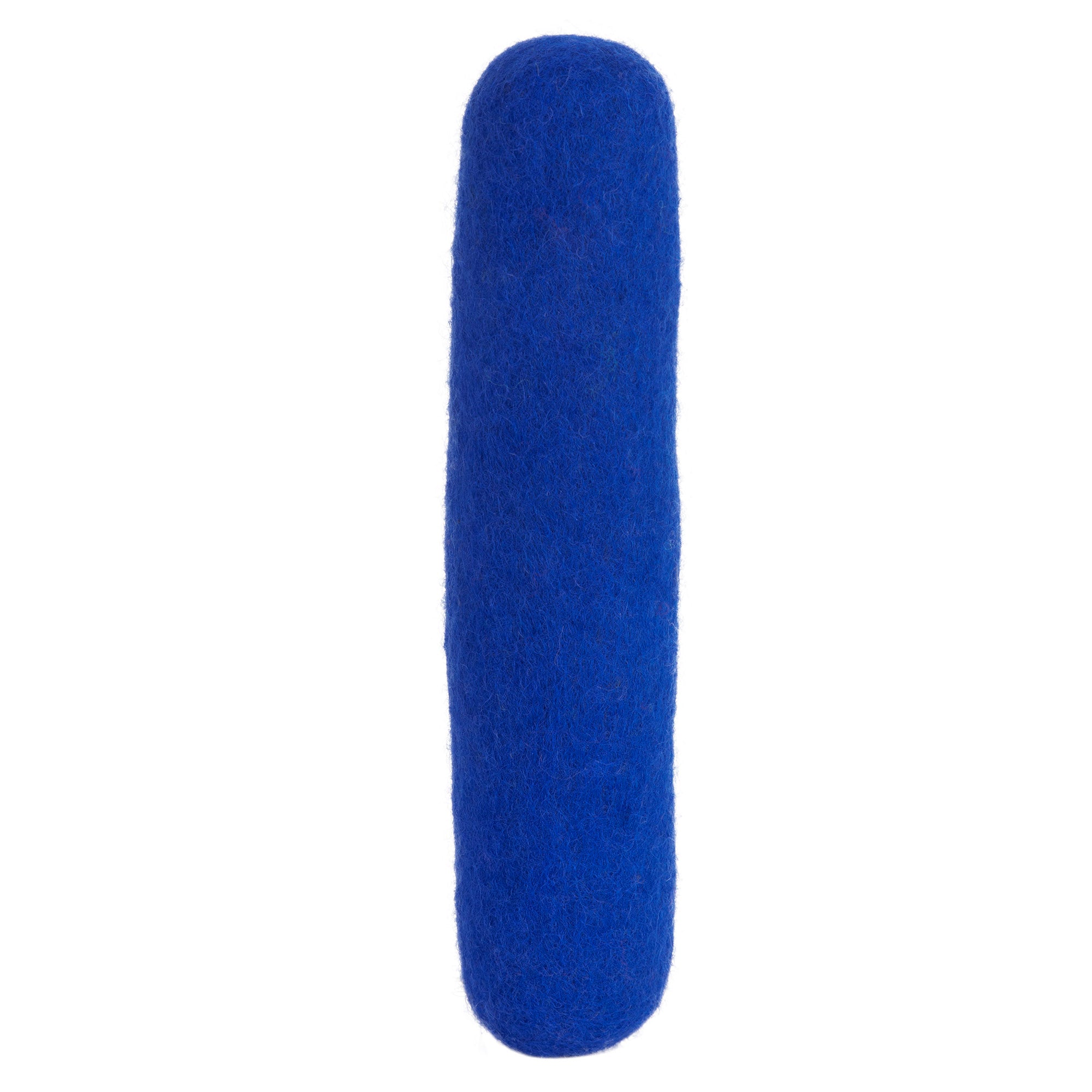 A vibrant blue, cylindrical JW Wool-ee Crunch Stick from Jw stands out against a white backdrop, resembling an antimicrobial dog toy that promotes your pets dental health.