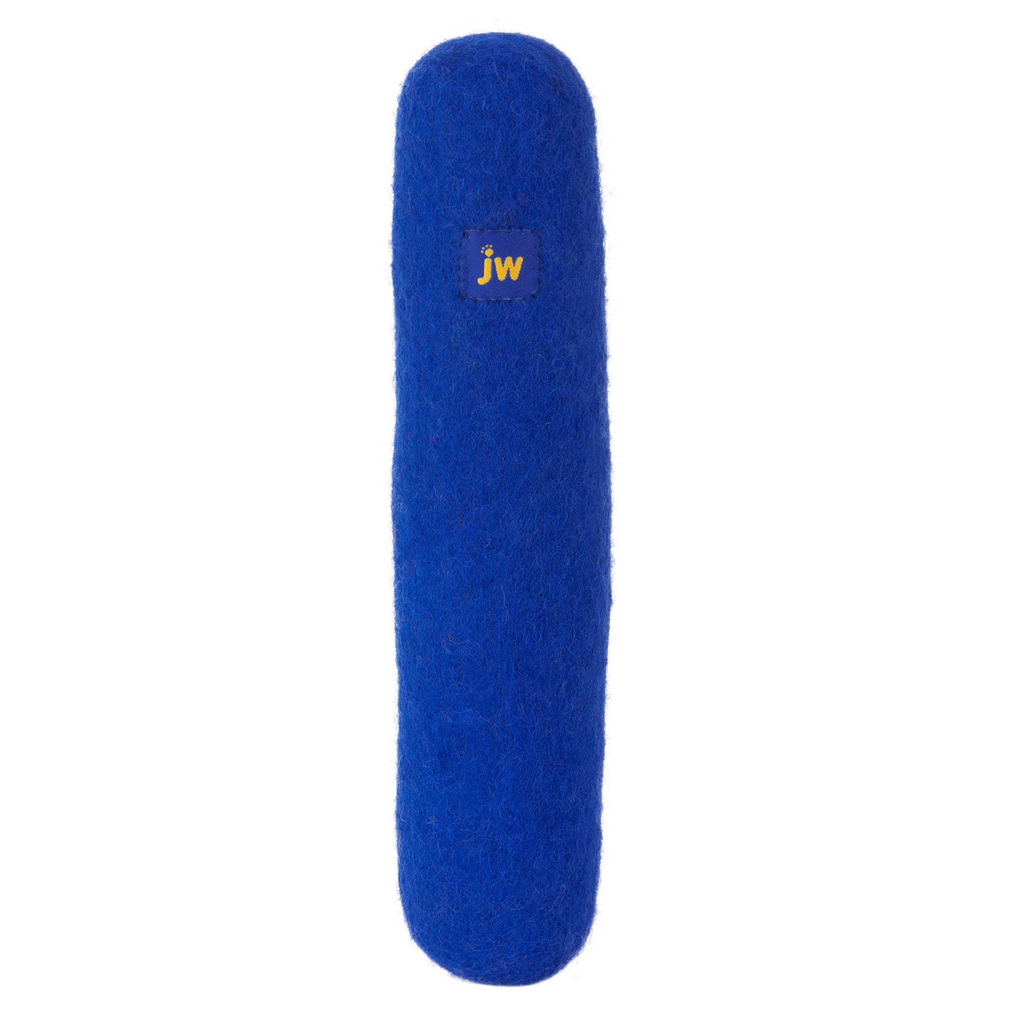 The JW Wool-ee Crunch Stick is a blue cylindrical dog toy with a fuzzy texture that promotes dental health. It features jw in yellow on one side, has rounded ends, and is shown against a plain white background.