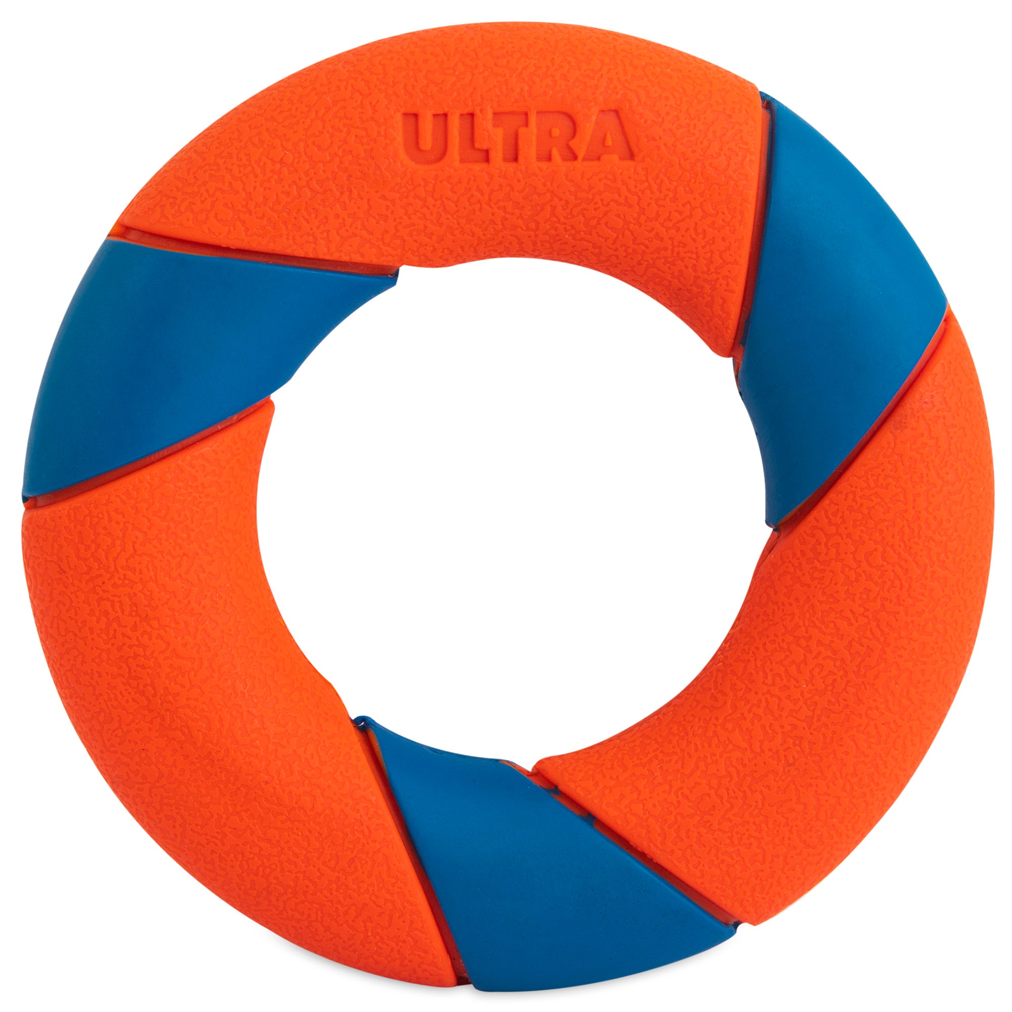 The Chuckit! UltraRing Dog Fetch Toy by Chuckit is an orange and blue rubber ring toy embossed with ULTRA. It features alternating sections, forming a circular shape perfect for playful fetch sessions.