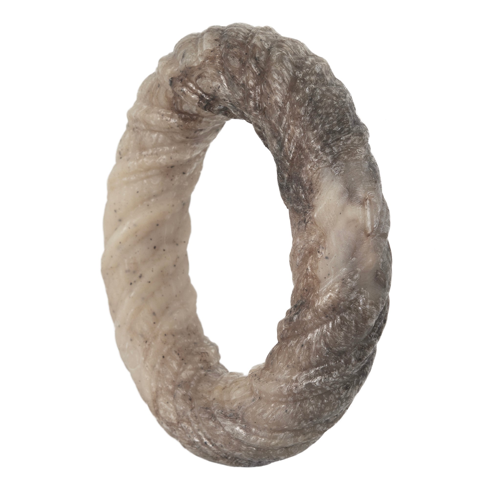 A twisted, circular object resembling a rope or coil made of fibrous material, akin to durable chew toys, colored in shades of white and gray is the BarkBone Natural Instincts Chamomile Vanilla Chew Ring by Petqwerks.