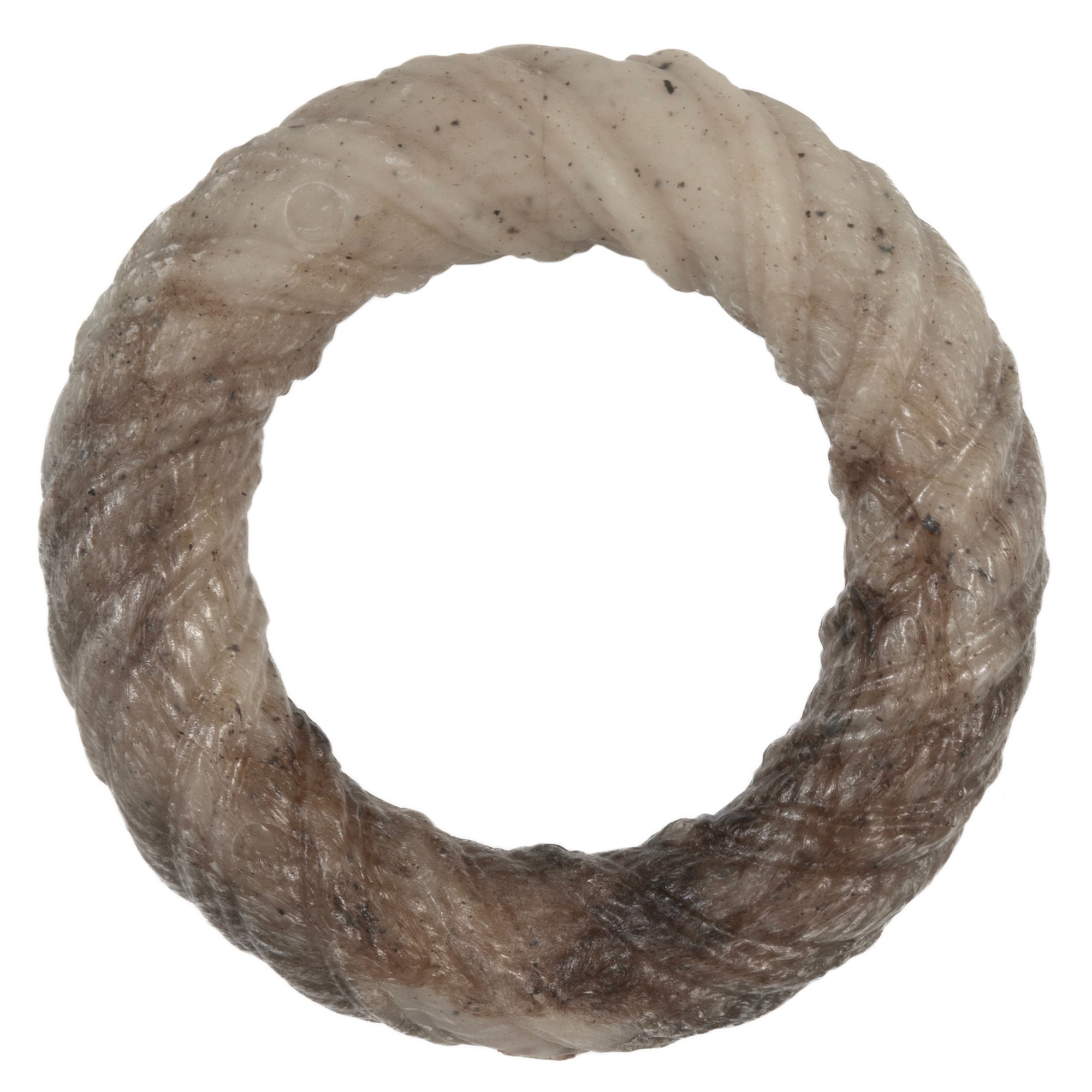 A beautifully weathered spiral-patterned ring in brown and tan with a rough texture, the BarkBone Natural Instincts Chamomile Vanilla Chew Ring by Petqwerks offers a unique, durable toy for inspiration seekers.