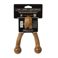 Back view of Barkbone Natural Instincts Wishbone Turkey dog chew toy in packaging. Designed for aggressive chewers, the brown textured toy resembles a Y-shaped bone. Packaging highlights features, benefits, and includes a barcode with an American flag icon.