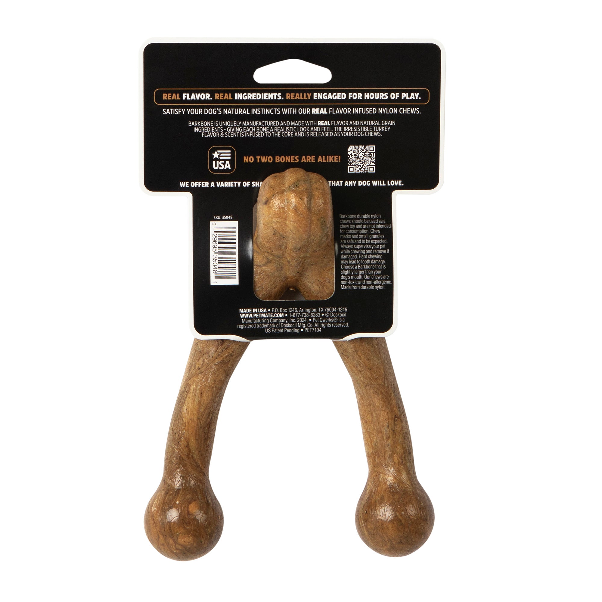 Back view of Barkbone Natural Instincts Wishbone Turkey dog chew toy in packaging. Designed for aggressive chewers, the brown textured toy resembles a Y-shaped bone. Packaging highlights features, benefits, and includes a barcode with an American flag icon.