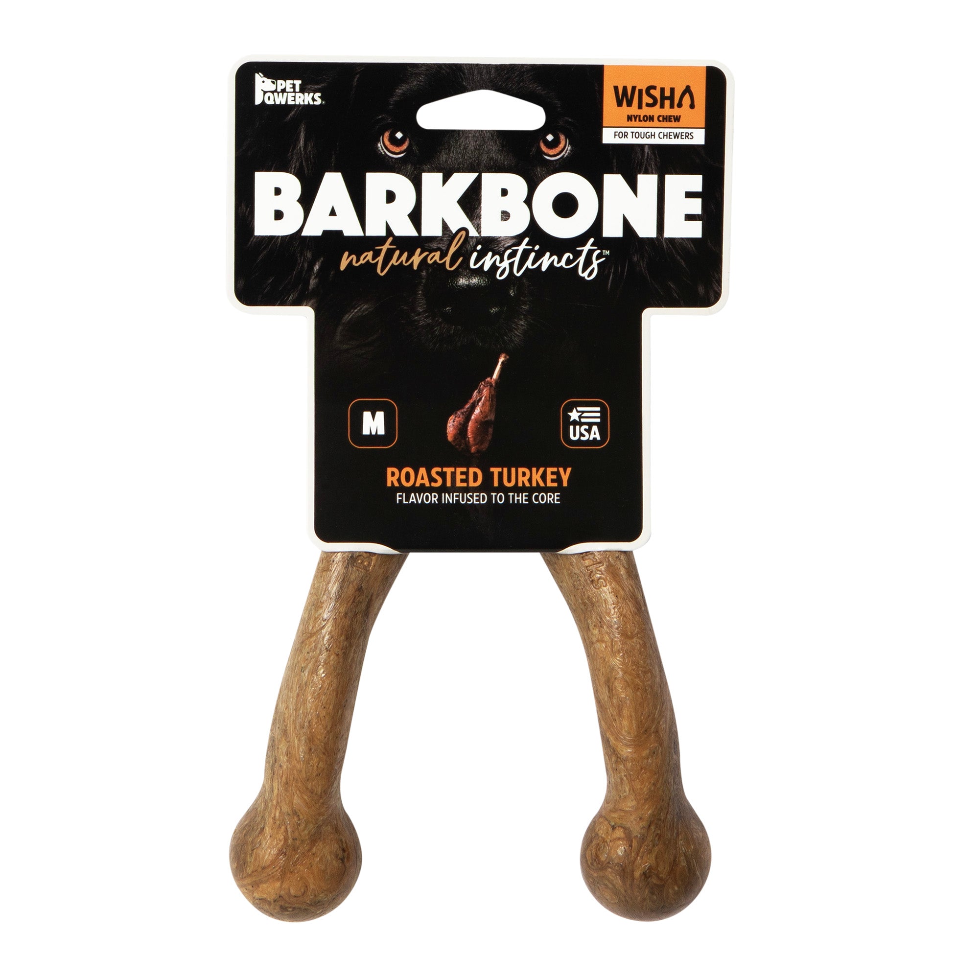 The Bark Bone Natural Instincts Wishbone Turkey by Barkbone Natural Instincts features a bone shape and a roasted turkey wishbone flavor. Made in the USA by Pet Qwerks, its ideal for medium-sized dogs and aggressive chewers looking for natural instinct chew toys.