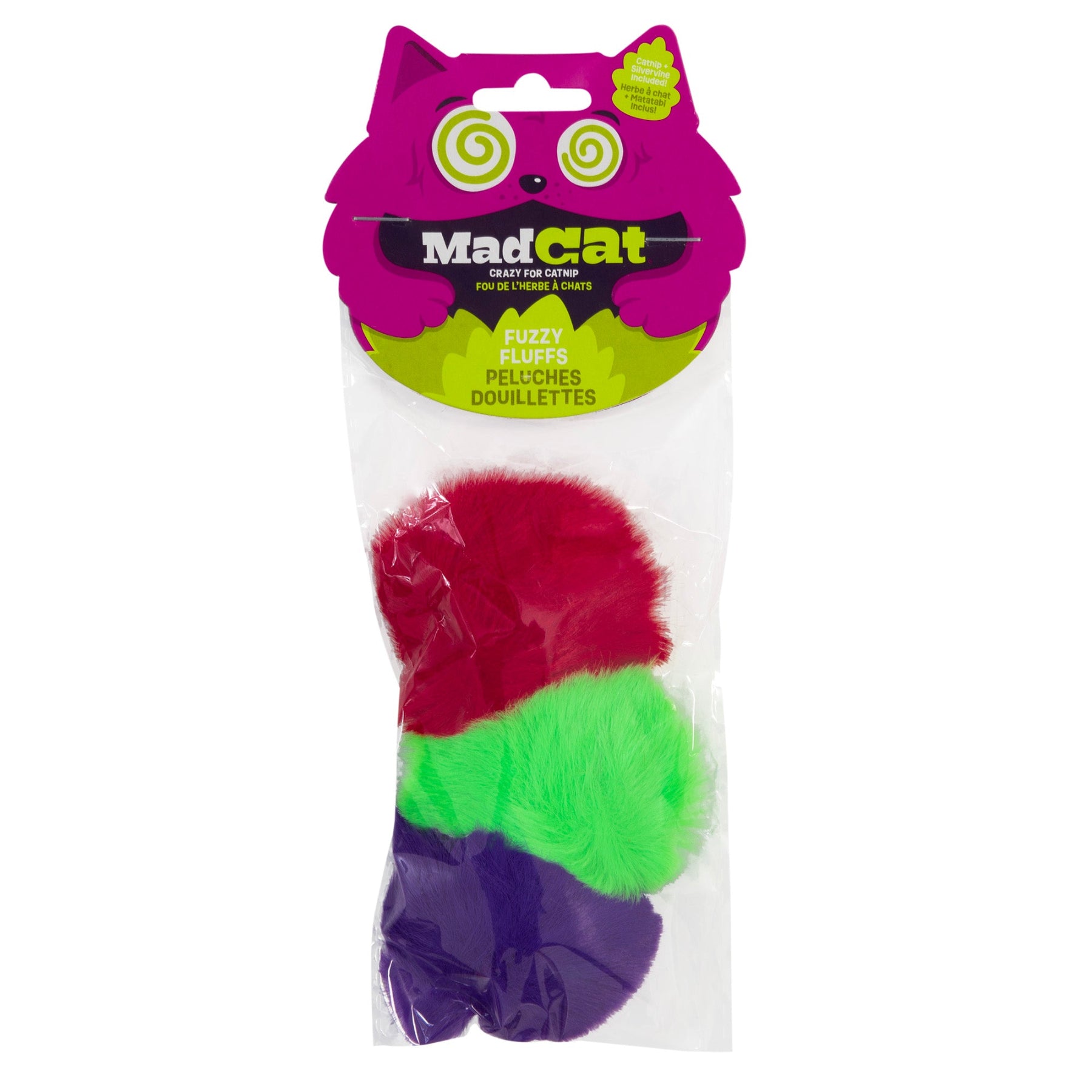 The Mad Cat Fuzzy Fluffs Catnip Toy includes a purple cat with spiral eyes and three fluffy balls in red, green, and purple, all infused with Silvernip for endless feline entertainment.