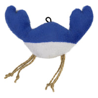 The Mad Cat Bright Crab is a plush toy from Mad Cat designed for sensory engagement. It resembles a blue crab with a white underside and long pincers, features dangling rope legs, and has a black loop on top for hanging. Its soft texture makes it an irresistible catnip toy.