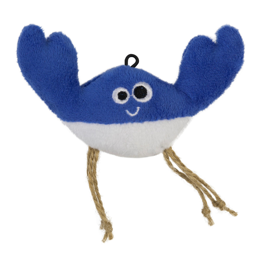 The Mad Cat Bright Crab toy features a plush blue and white design with googly eyes, a smiling face, and a black loop on top. It includes LED lights for sensory play and has tan rope legs that dangle from the bottom.