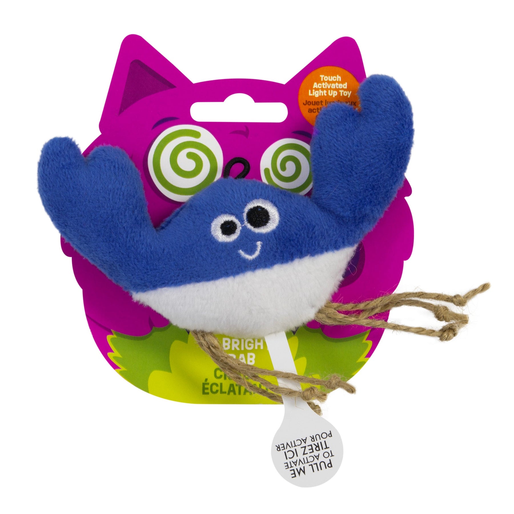 The Mad Cat Bright Crab is a blue and white plush toy with big eyes and string legs for sensory play. Attached to vibrant purple and green backing featuring spiral eyes, it lights up with LED effects when activated—simply pull the tab to see it glow.