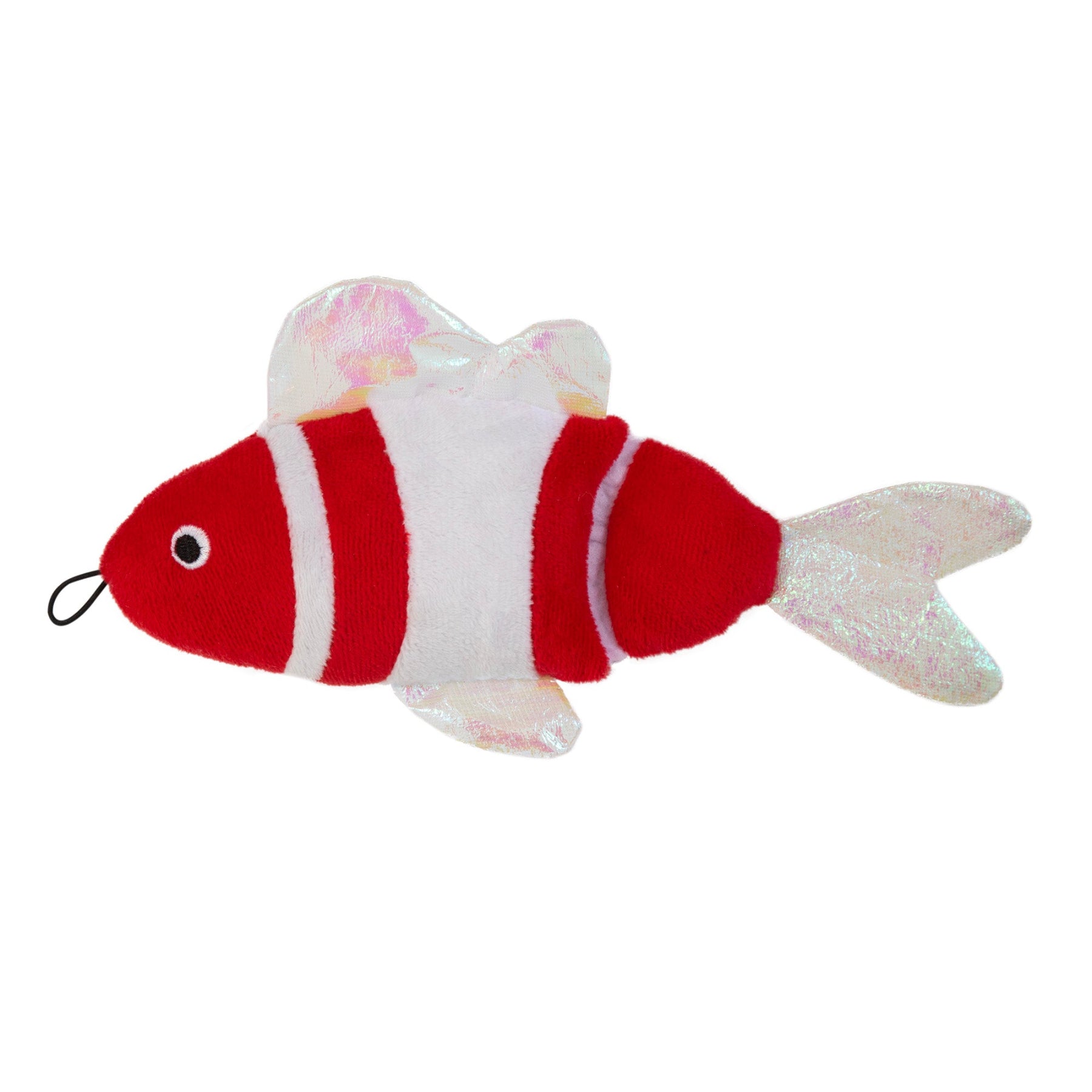 The Mad Cat Bright Fish Kicker Cat Toy 36177 resembles a fish with red and white stripes, black eyes, and iridescent fins and tail. It features sensory engagement for playful adventures and includes a loop for hanging to keep your feline entertained.