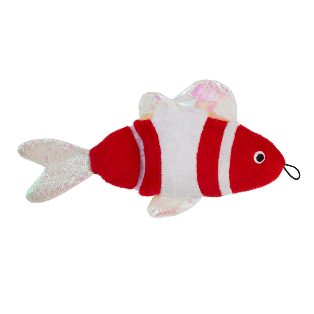 The Mad Cat Bright Fish Kicker Cat Toy 36177, from Mad Cat, is a plush fish with red and white stripes, sparkly translucent fins, sensory elements, and a loop on the mouth for playful handling.