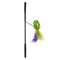 The Mad Cat Sas-Sea Wand Assorted by Mad Cat is a catnip-infused interactive toy with a black textured grip handle and a string attached to a shiny green fish lure with googly eyes and vibrant feathers in green, yellow, and purple—ideal for endless feline fun!.