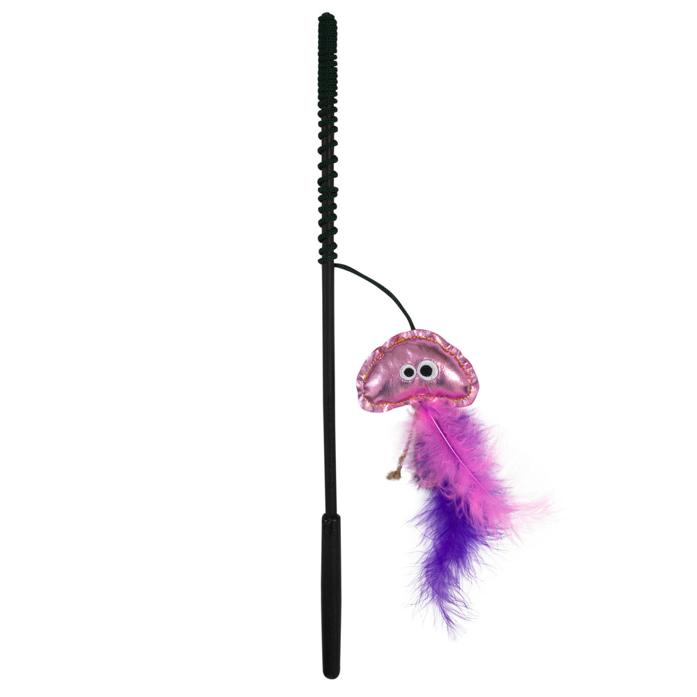 The Mad Cat Sas-Sea Wand Assorted features a black stick with a whimsical jellyfish toy, complete with googly eyes and vibrant pink and purple feathers, making it the ideal interactive cat toy.