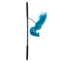 Introducing the Mad Cat Sas-Sea Wand Assorted, an interactive wand cat toy with a blue fuzzy creature adorned with googly eyes and vibrant feathers. It features a sturdy black string for engaging motion, providing endless entertainment for your feline friend.