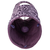 The Mad Cat Cozy Tunnel, by Mad Cat, is a purple cat tunnel with a zebra pattern, featuring a hanging ball and plush-textured fabric. Its open at both ends and designed as a cozy playground for small animals like cats or rabbits to play and hide.