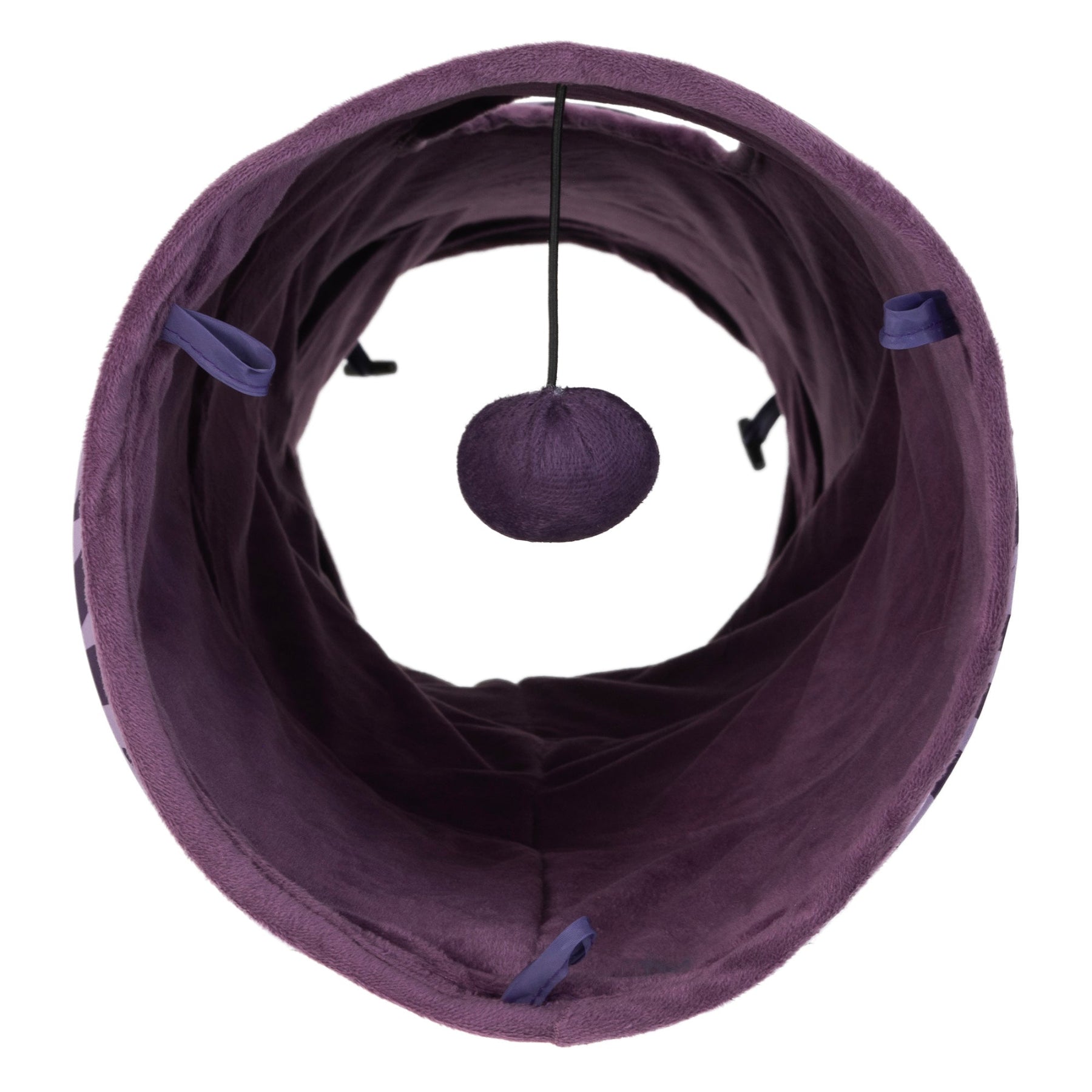 The Mad Cat Cozy Tunnel is displayed in purple, featuring a soft fabric interior. Inside, theres a round plush toy infused with catnip and silvervine hanging above to entice lively feline play.