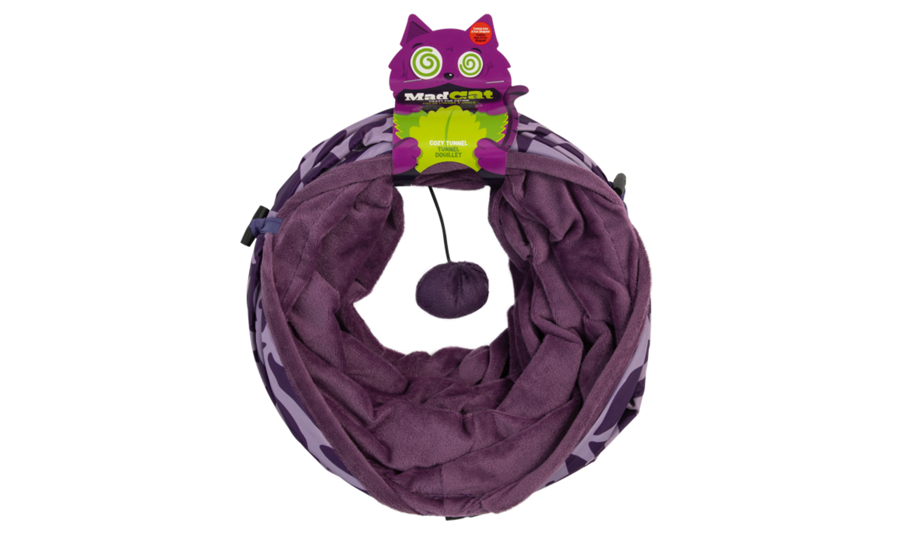 The Mad Cat Cozy Tunnel by Mad Cat offers a fun purple design with a dangling ball toy and cartoon cat packaging. Its interior is infused with catnip and silvervine, ensuring hours of play for even the pickiest cats.