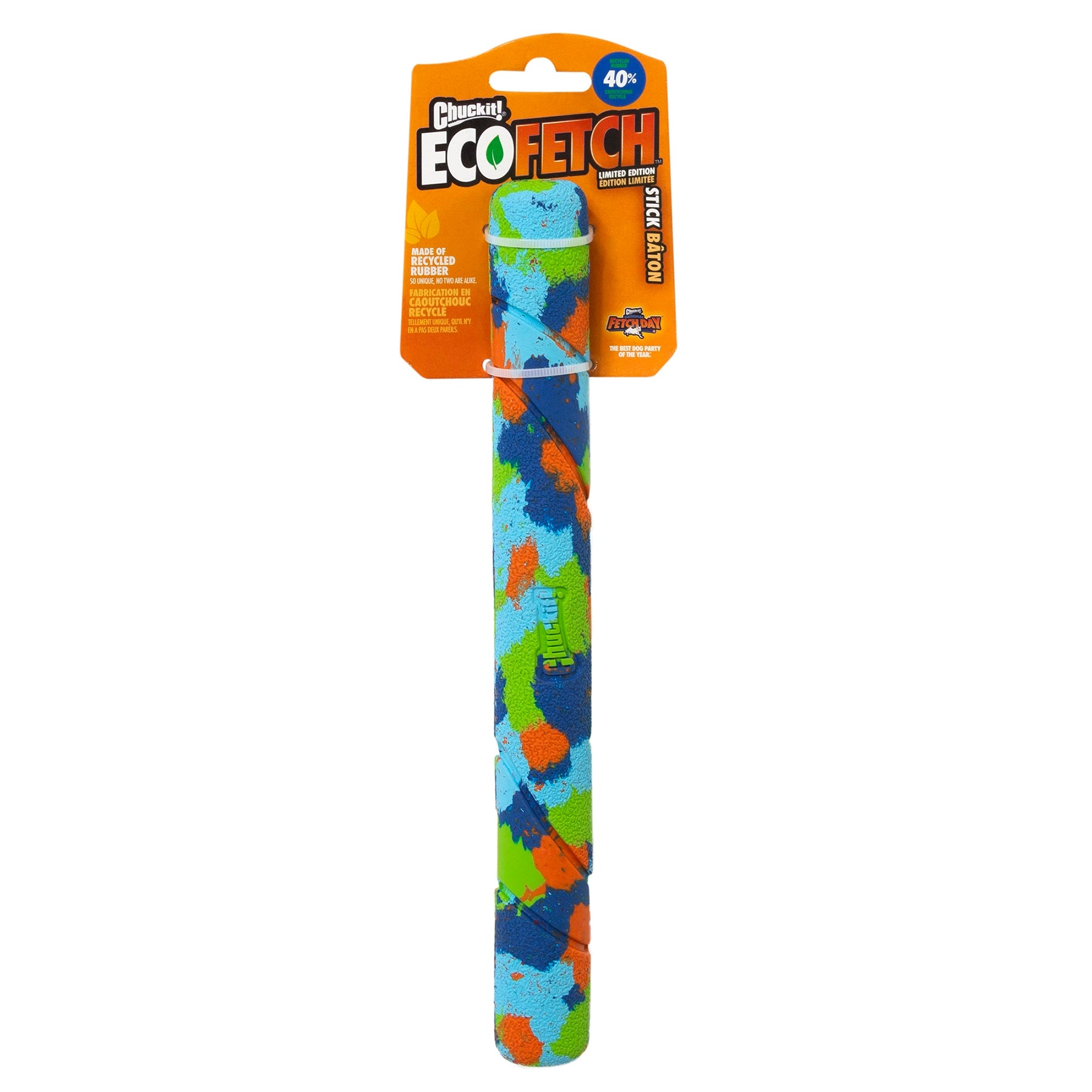 The Chuckit! Eco Fetch Stick by Chuckit is an eco-friendly dog toy made from recycled rubber. It comes in orange packaging with vibrant blue, green, and orange patterns, designed to enhance your dogs agility and coordination.