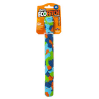 The Chuckit! Eco Fetch Stick by Chuckit is an eco-friendly dog toy made from recycled rubber. It comes in orange packaging with vibrant blue, green, and orange patterns, designed to enhance your dogs agility and coordination.