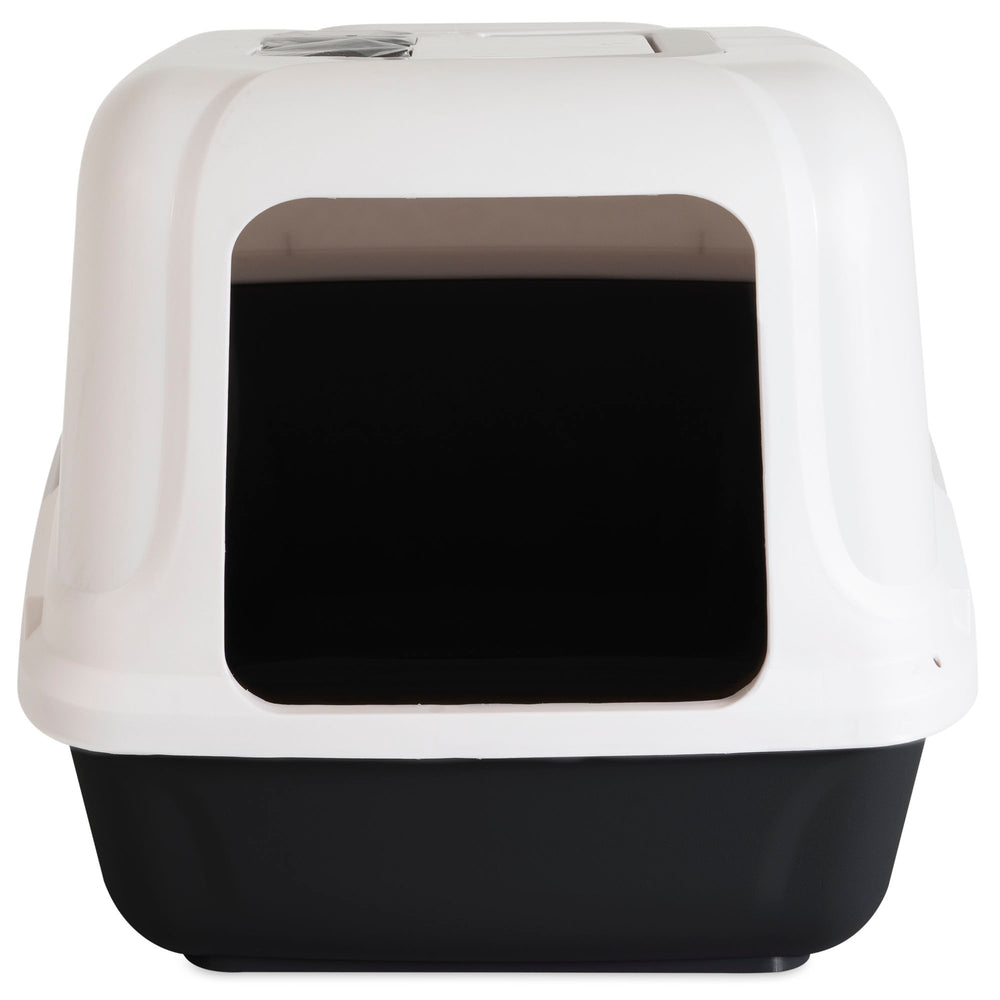 The Arm & Hammer Large Hooded Litter Pan by Arm And Hammer features a white cover and black base with antimicrobial protection, an open entrance, and ensures pets have a private, hygienic space.