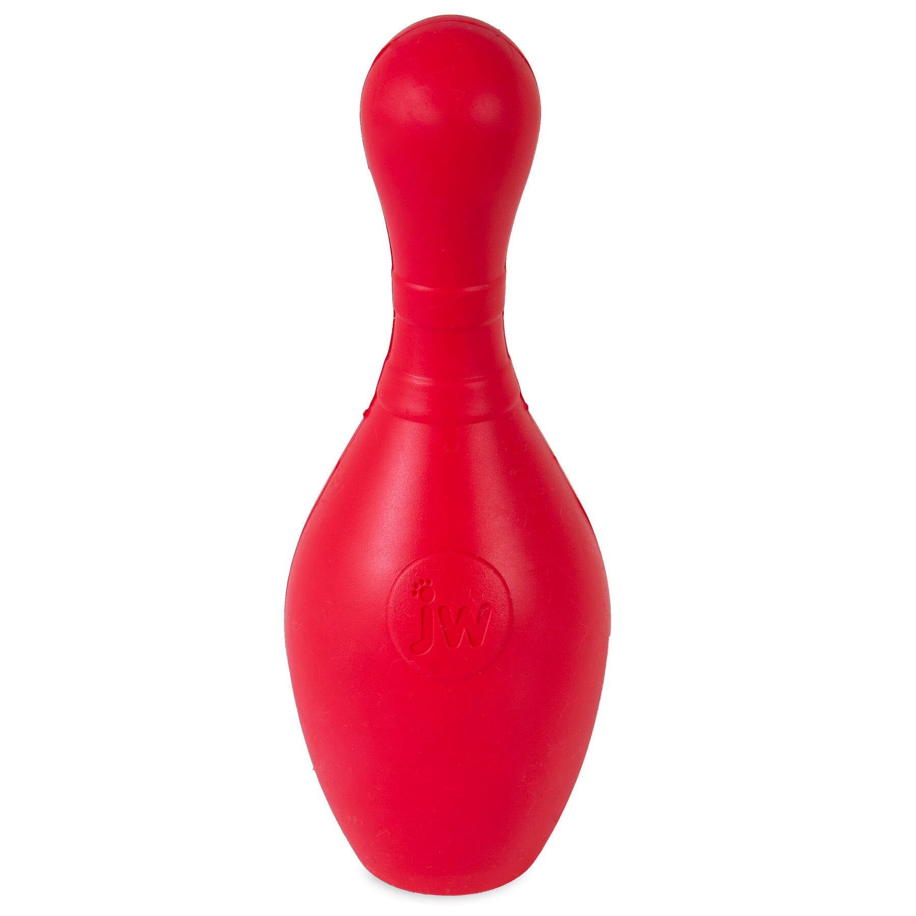 The JW Bouncin Bowlin Pin Dog Toy is a durable red rubber toy shaped like a bowling pin, ideal for chewing and teething puppies, featuring jw embossed on its surface.