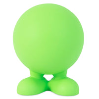 A lime green JW Cuz Dog Toy by Jw, made of natural rubber and shaped like a sphere with small rounded feet at the base, is displayed on a white background. Its ideal for humans and as playful dog toys.