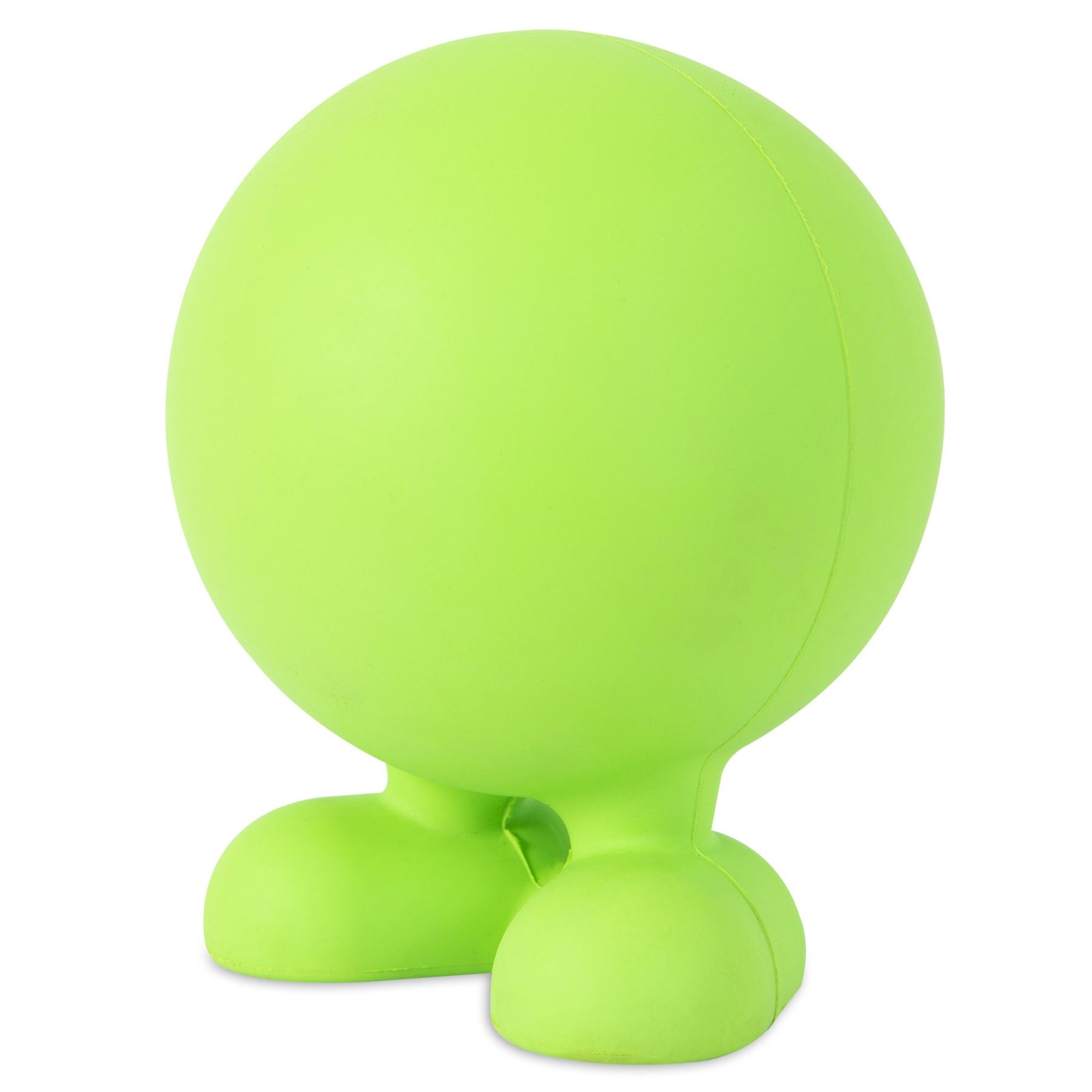 A lime green JW Cuz Dog Toy by Jw features a smooth, spherical body resembling a natural rubber ball with small rounded feet. This minimalist design lacks facial features or limbs and stands on a white background, similar to sleek dog toys.