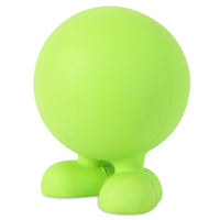 A lime green JW Cuz Dog Toy by Jw features a smooth, spherical body resembling a natural rubber ball with small rounded feet. This minimalist design lacks facial features or limbs and stands on a white background, similar to sleek dog toys.