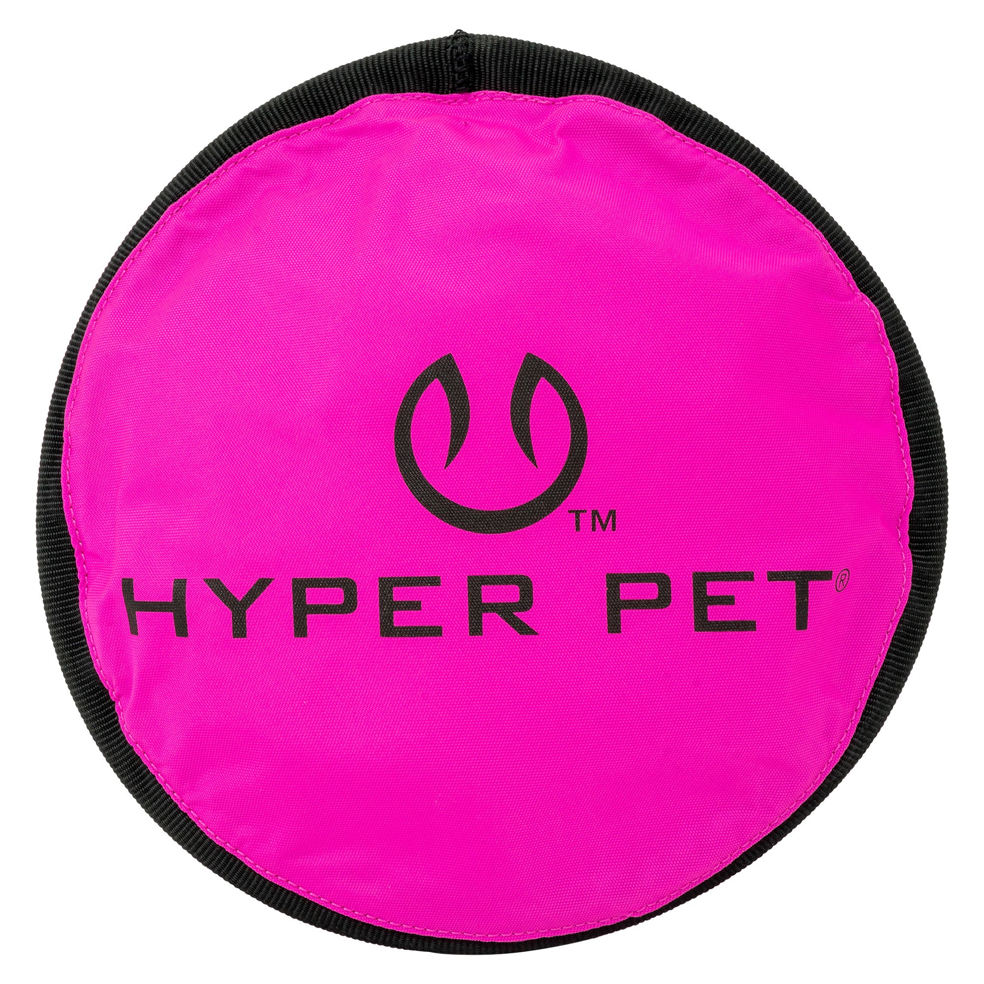 The Hyperpet Flippy Flopper 9 flying disc, featuring a bold black HYPER PET logo with a black border, comes in bright pink and is an excellent interactive dog toy for toss-and-fetch fun.