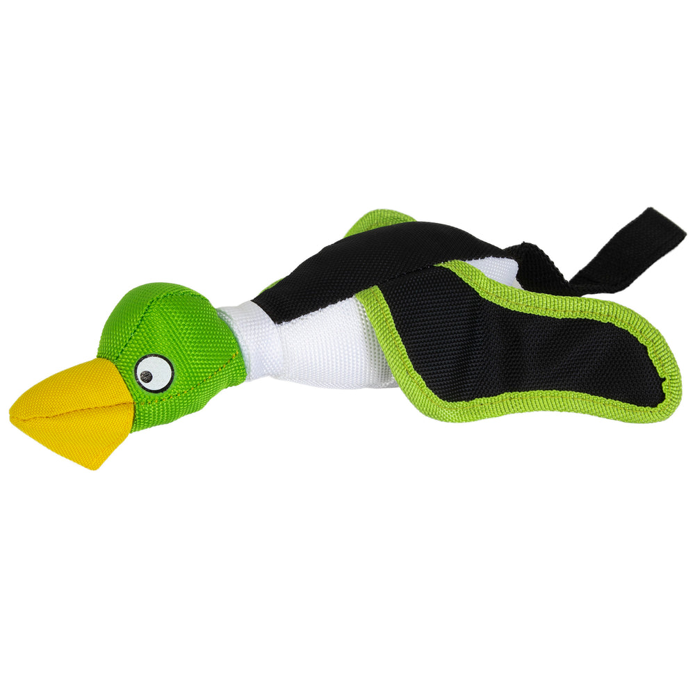 Introducing the Hyper Pet Mini Flying Duck Green Dog Toy by Hyperpet, featuring a duck design with a green head and yellow beak. Its black wings edged in bright green are eye-catching. Made of non-toxic vinyl, its a durable, slingshot-style toy perfect for endless pet play adventures.