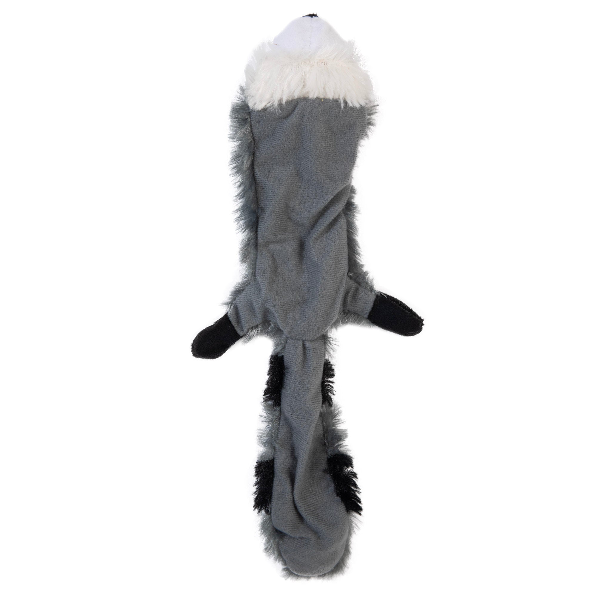 Meet the Hyper Pet Critter Skinz Raccoon Large Dog Toy by Hyperpet: a lifelike, flat raccoon design with grey body, black paws, white face, and a long fluffy tail. This stuffing-free toy is perfect for dogs that enjoy play and cuddles with realistic companions.