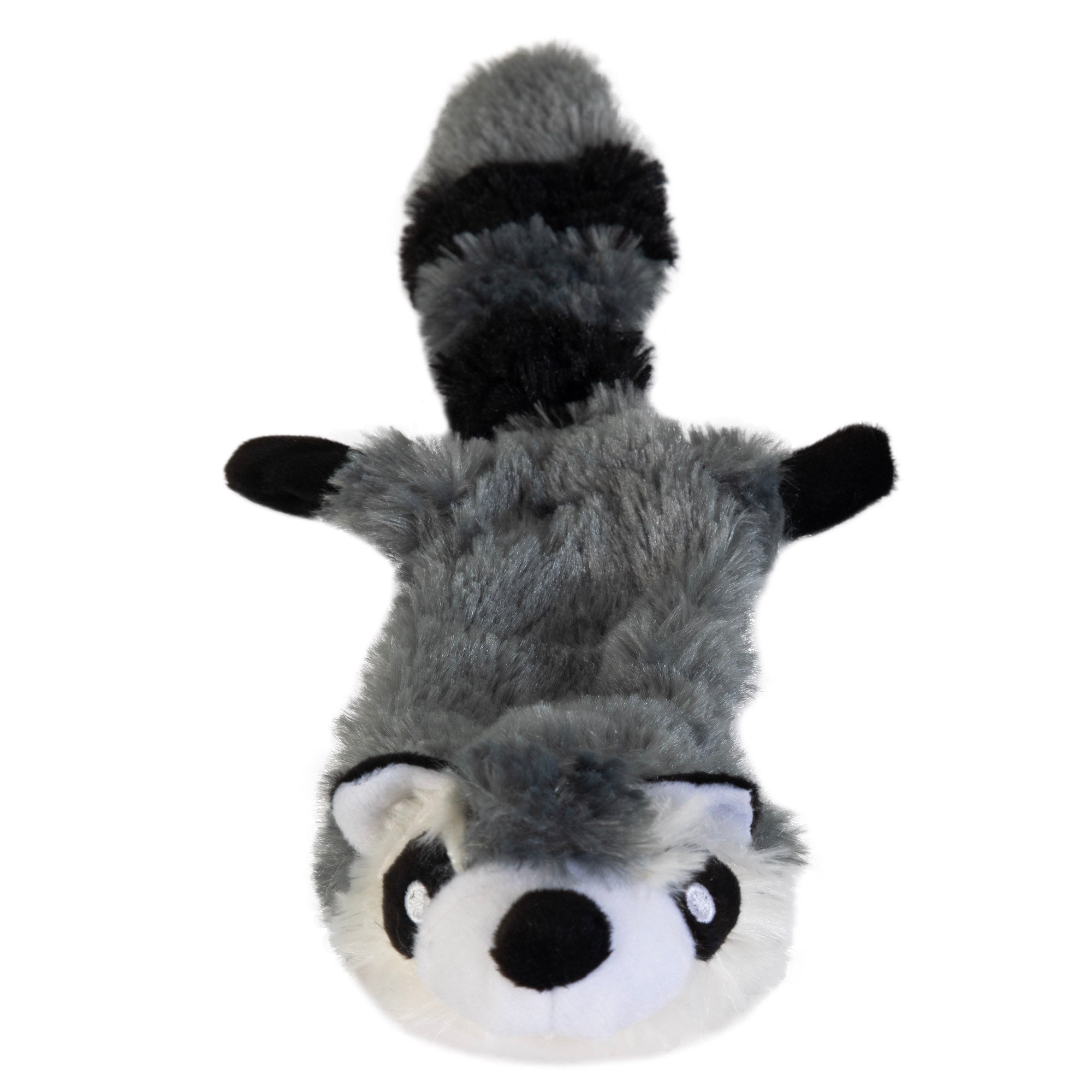 Meet the Hyperpet Critter Skinz Raccoon Large Dog Toy—a detailed, stuffing-free raccoon toy featuring a gray body with black and white accents, a fluffy tail with black stripes, tiny black paws, and a lifelike face lying flat towards the viewer.